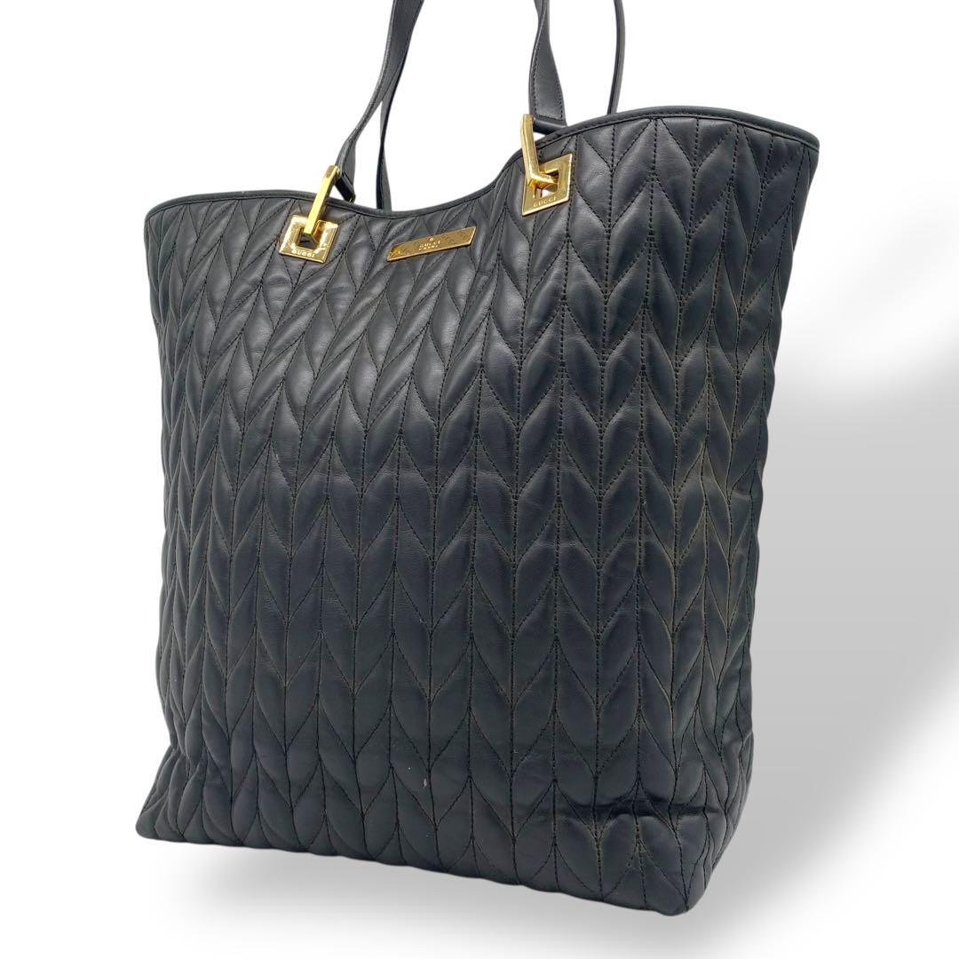 Gucci Authentic Black Quilted Leather Tote Bag with Metal Fittings