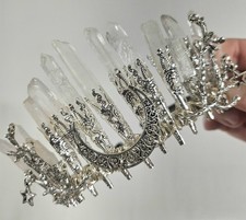 Clear Quartz Crystal Crown Tiara Silver Branch Moon Design, Boho Goddess