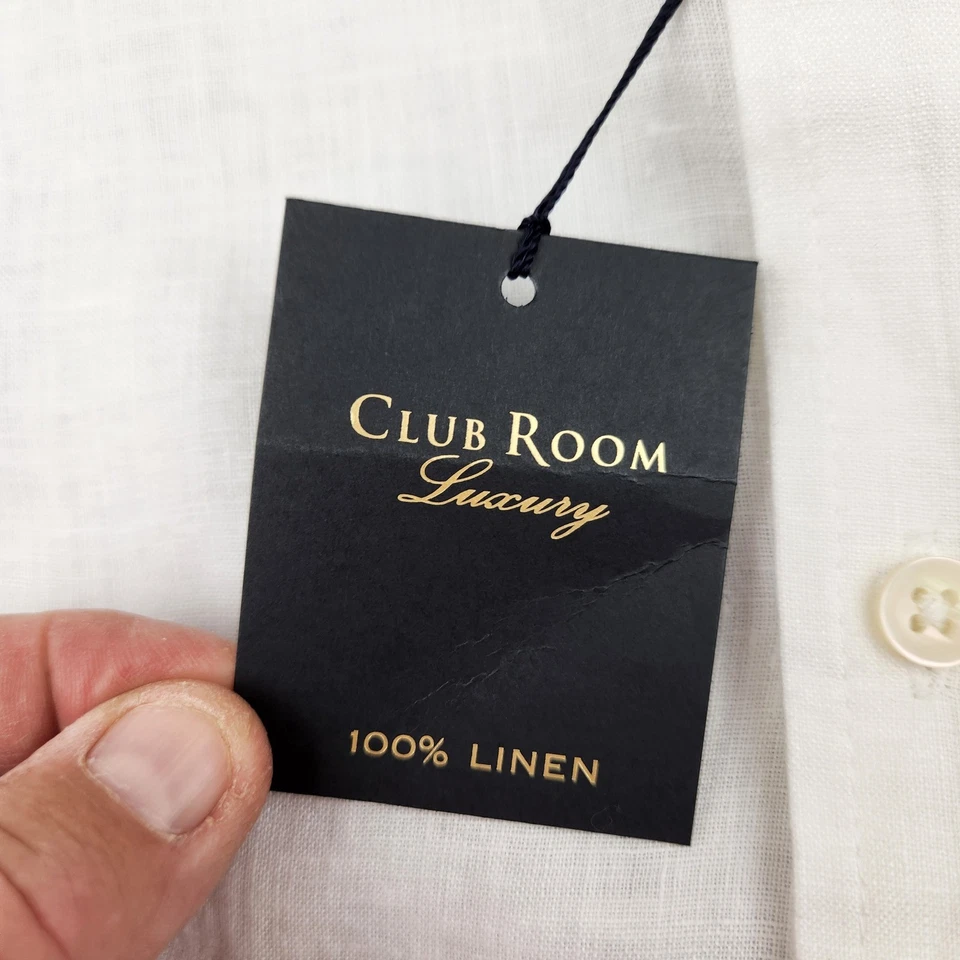 Club Room Luxury Mens White Pure Linen Mandarin Band Collar Button Medium NWT - Image 3 of 4