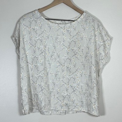 Cynthia Rowley Womens 100% Linen Top Size S Gray Floral Relaxed Boxy Fit Cottage