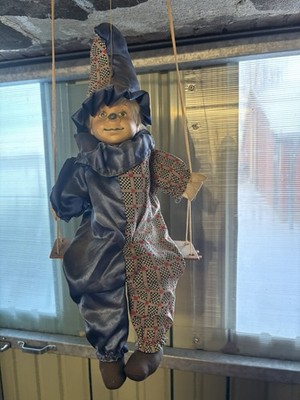 Vintage Marionette Clown Harlekin ca. 60 cm   Deko Sammler Theater Puppe