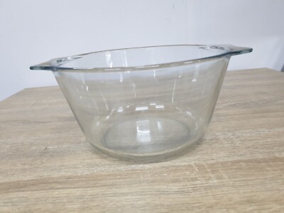 Vintage Pyrex Klarglas Tiefe Rührschüssel mit Griffen H 5,3 Zoll, T 9 Zoll