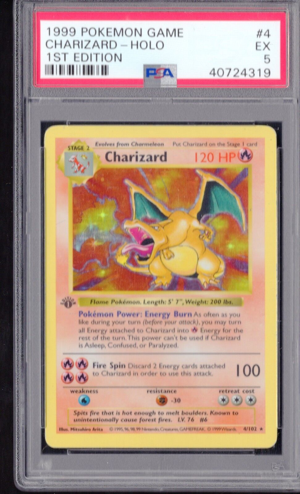 PSA 5 CHARIZARD 1999 Pokemon Base 1ST EDITION GREY STAMP SHADOWLESS 4/