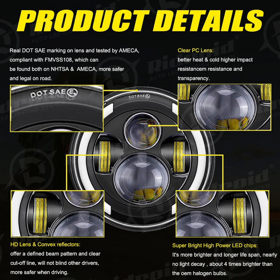 Pair 7" Round LED Headlights Hi/Lo Beam For Chevy C10 C20 Pickup LUV Camaro Nova - Image 4 of 4