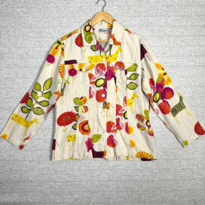 Vtg Chicos Linen Shacket Sz M Floral Fairy Whimsical Animals Retro Funky Safari