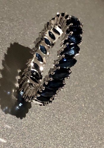 Anillo de la Eternidad Lleno de Oro Blanco 18 K Hecho con Banda Marquesa Azul Cristal Swarovski - Imagen 9 de 11
