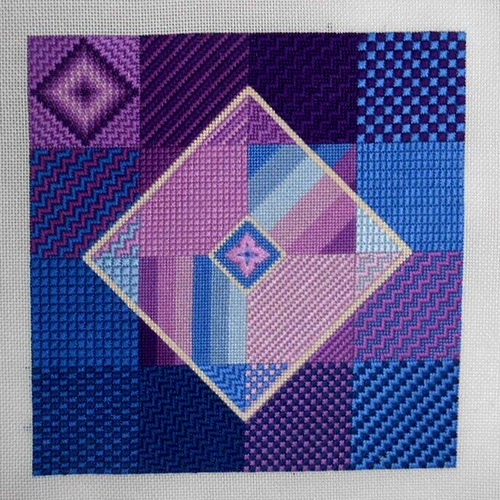 Completed Needlepoint Canvas Needlework STITCH SAMPLER Blues & Purples