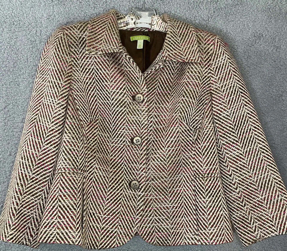 Chaqueta Sigrid Olsen Mujer 12 Espiga Tweed Marrón Fucsia Impresionante Icónica Foto 4 de 4