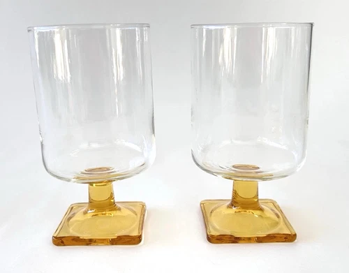 Set of 2 Vintage Federal Glass Topaz Nordic Square Base Stem Glasses Goblet MCM