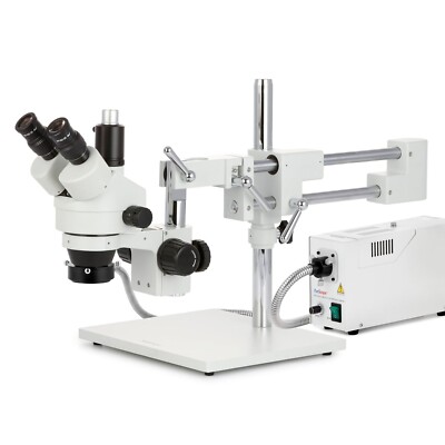 Amscope 7X-45X Simul-Focal Stereo Zoom Microscope Dual Arm Boom Stand+Ring Light