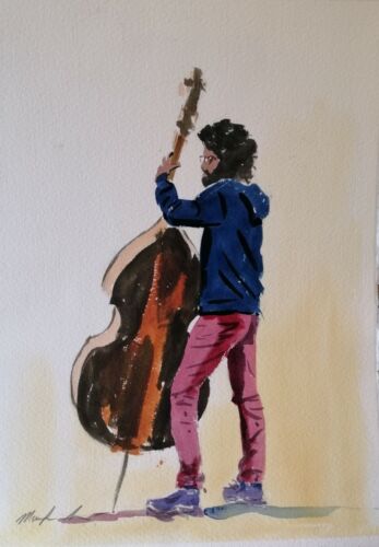 ORIGINAL watercolour PAINTING musician bass cello 15" x 11" Marilyn Allis - Afbeelding 1 van 1