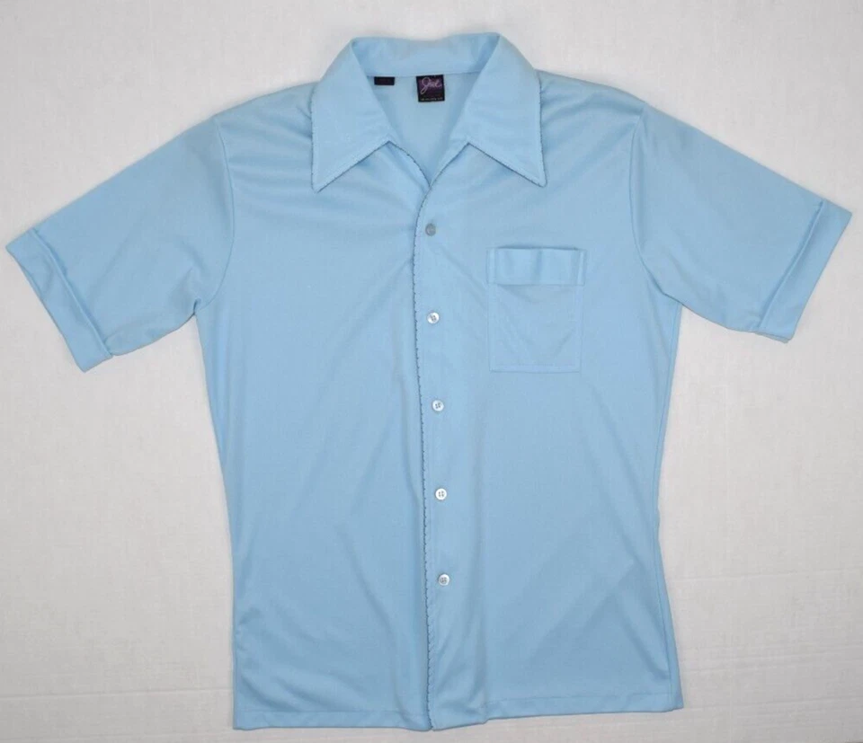 Casual Shirt VTG Joel 70s Blue Cream Stitch Trim Poly Shirt M/M Cobain Special - Image 2 of 4