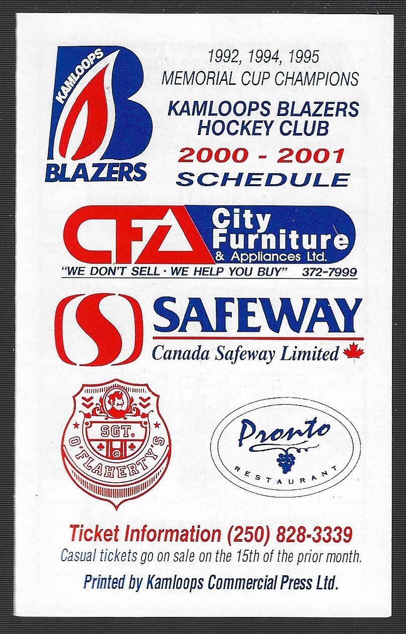 2000-01 Kamloops Blazers WHL Hockey Schedule sponsored by Safeway and CFA City Furniture-image