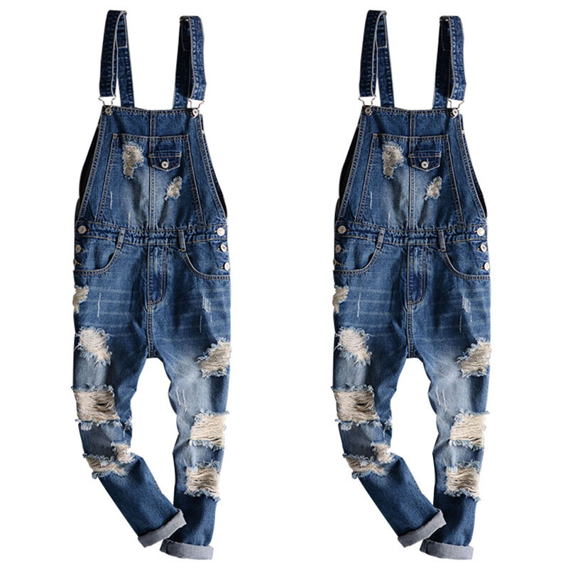 Fashion Men Denim Distressed Jeans Overalls Bib Pant