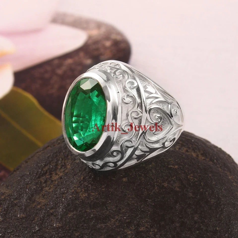 Künstlicher Smaragd Edelstein Mit 925 Sterlingsilber Ring für Herren #1282 - Bild 3 von 4