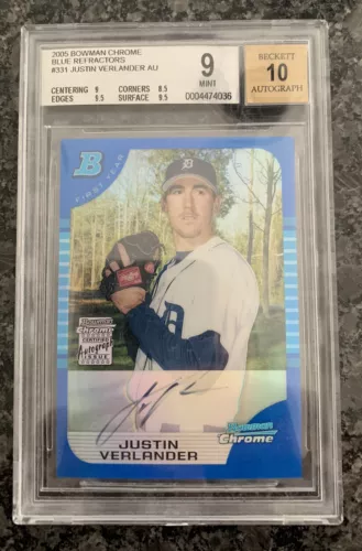 JUSTIN VERLANDER 2005 Bowman Chrome BLUE REFRACTOR RC AUTO BGS 9 10 /150