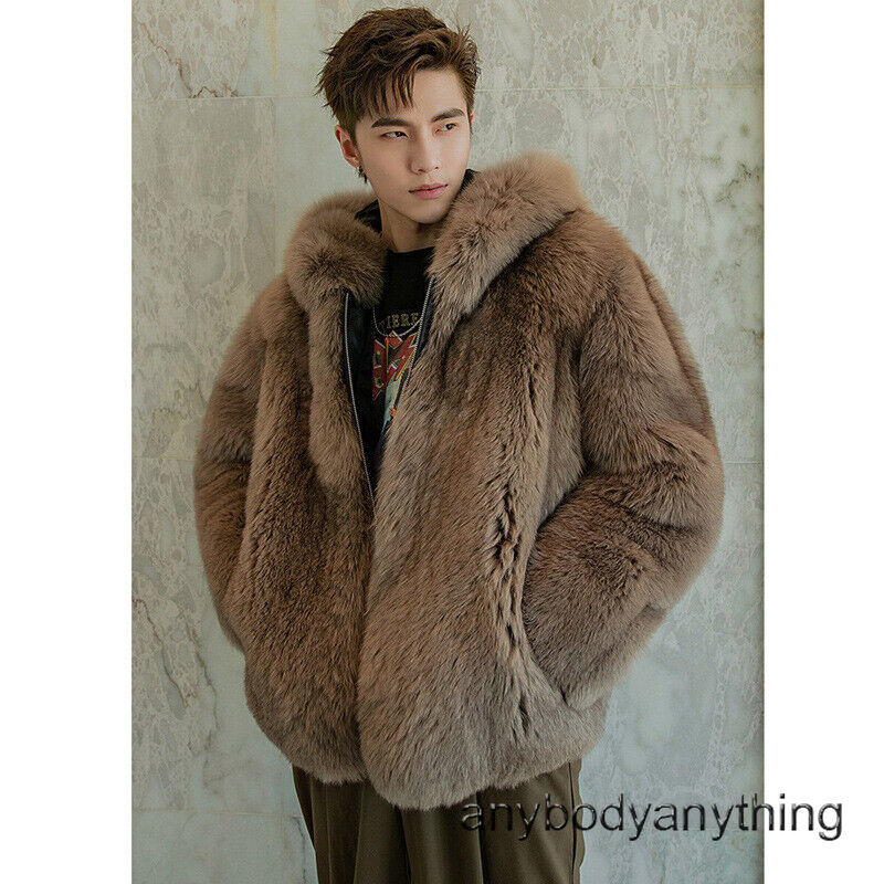 最安値！celon♡shaggy over sized short coat American Style Winter Mens Hooded Faux Fox Fur Short Coats