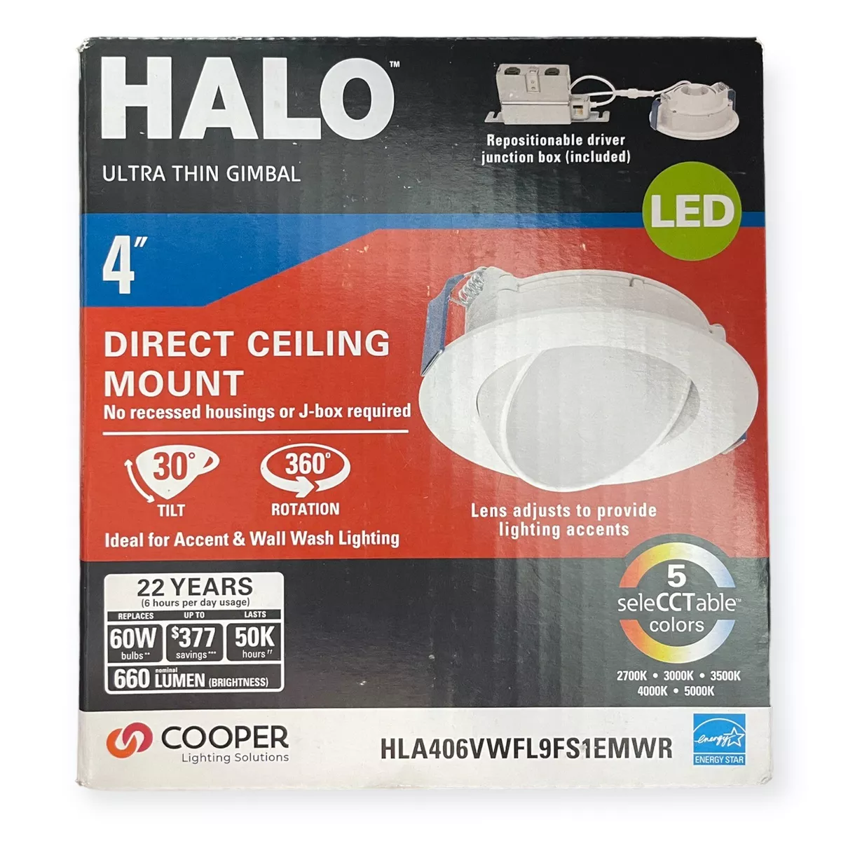 Cooper Halo Ultra Thin Gimbal 4 Direct Ceiling Mount LED HLA406VWFL9FS1EMWR