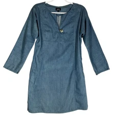 APC Denim Chambray Artist Smock Dress XS Long Sleeve Split Neck Cotton Pockets
