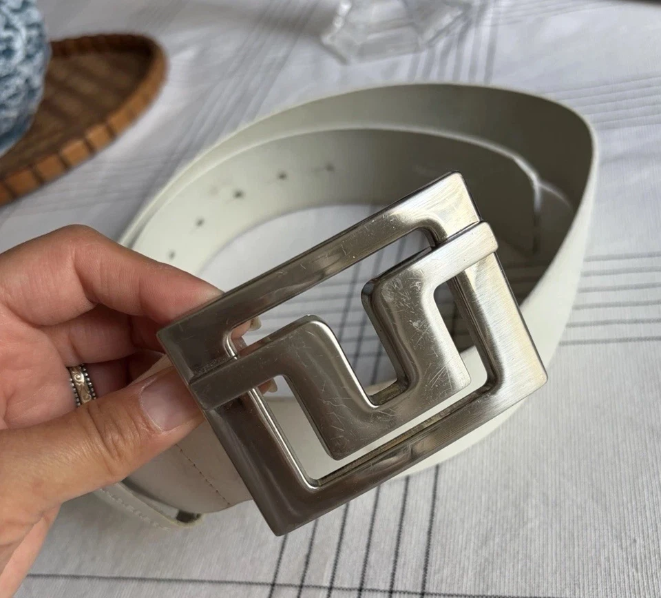 Cinturón de cuero blanco grueso J Lindeberg 38 x 1,75 hebilla plateada para golf hecho en Italia Foto 2 de 4