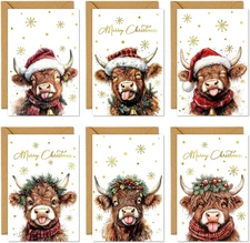 36 Pack Christmas Cards Highland Cow Snowflake Greeting Cards with Envelopes Sti