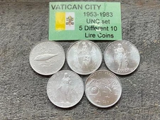 Vatican Coin Lot 10 Lire 5 coins Uncirculated - 1953-1983
