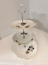 White Floral Porcelain Tiered Cake Stand with Handle, Round Glossy Finish