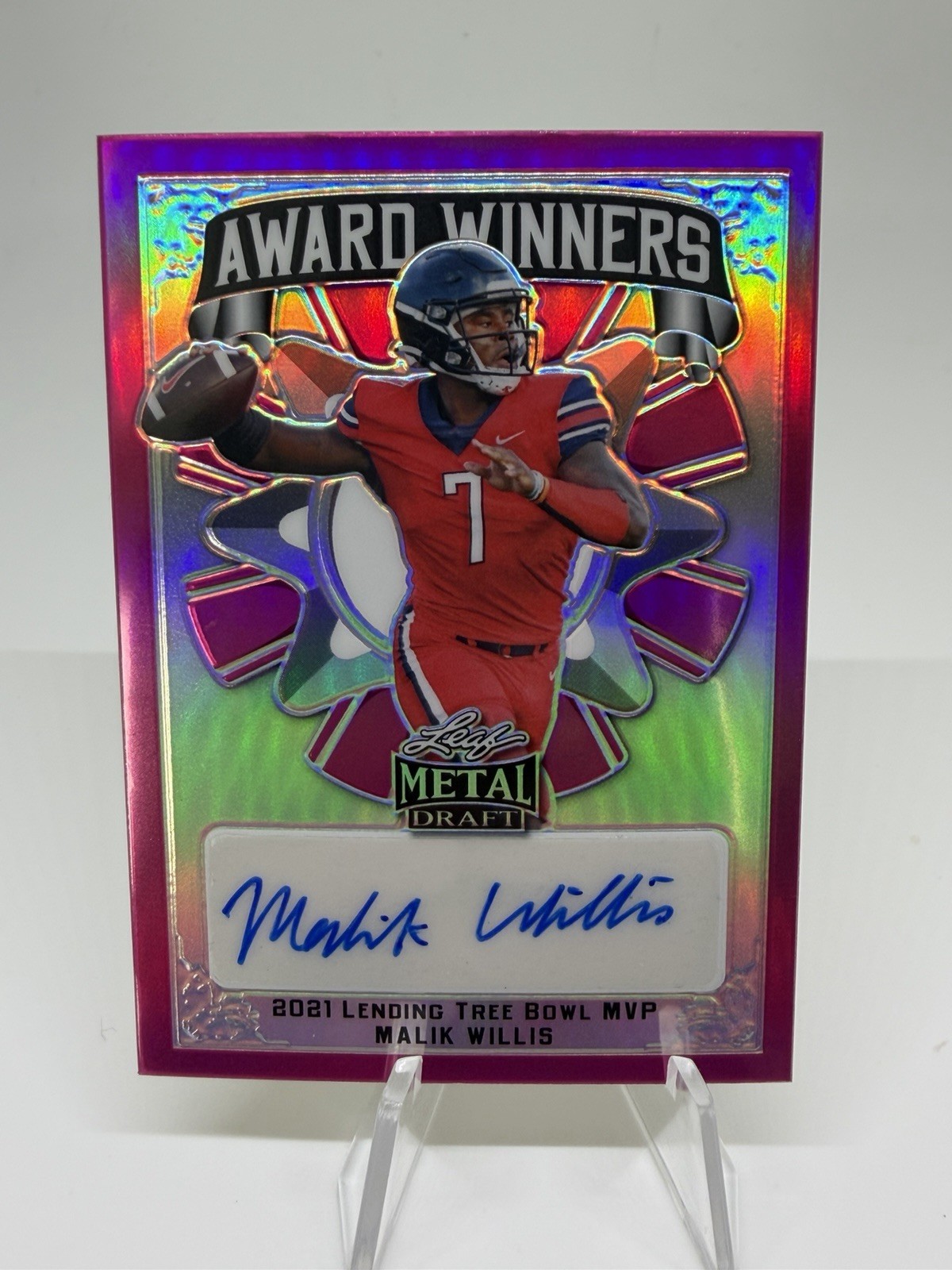 Malik Willis Leaf Metal Draft Award Winners Autographs #AWMW1 Pink Prismatic