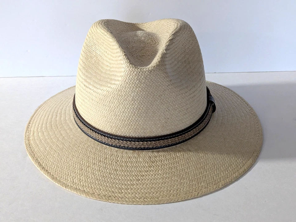 Винтажная унисекс бежевая вручную сплетенная Эквадорская соломенная шляпа с полями 3 дюйма с ремешком один размер Town Talk - Изображение 2 из 4