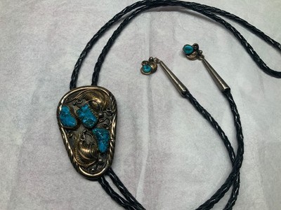 Native American Turquoise Bolo Tie 12k gold and Sterling Silver