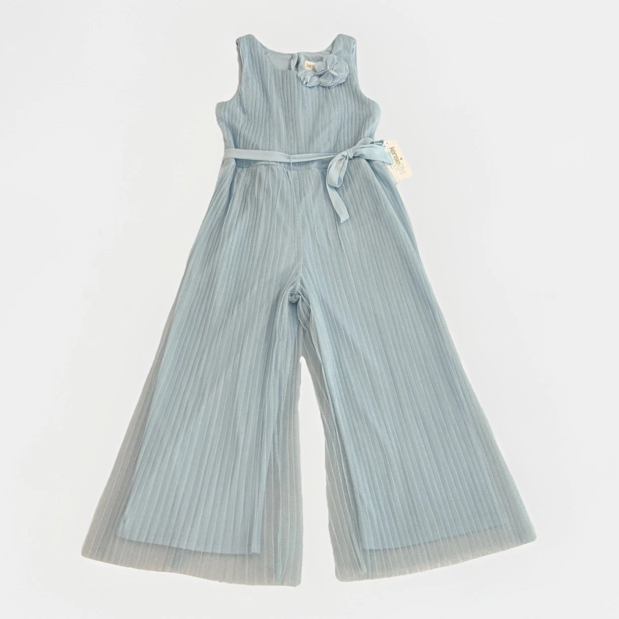 Kensie Girl Blue Pleated Jumpsuit Size 6 Lurex Mesh Wide Leg Party Elegant NEW