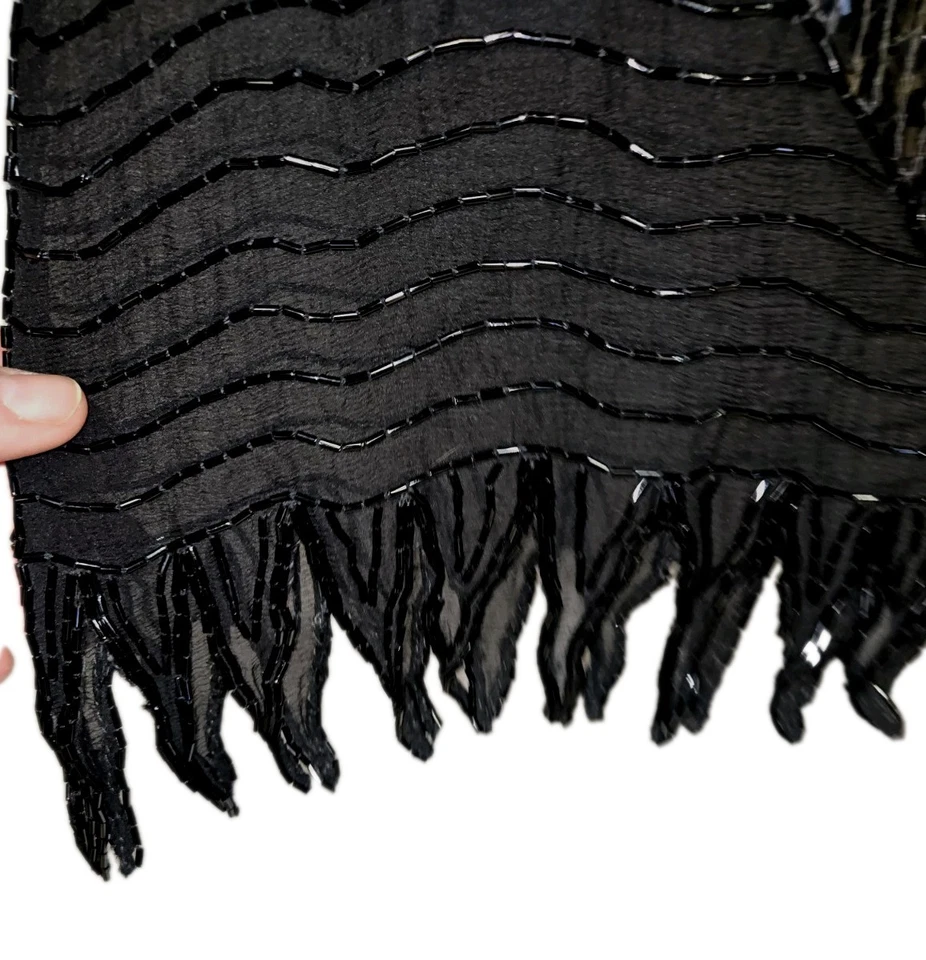 Blusa vintage, Swee Lo, con flecos de seda con cuentas negras, talla S Foto 4 de 4