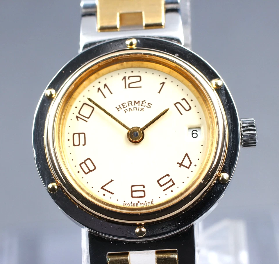 Juego completo [casi como nuevo] Reloj para mujer vintage HERMES Clipper 24 mm marfil fecha cuarzo Foto 4 de 4