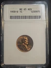 1958 D WHEAT CENT ANACS MS-65 RD - UNCIRCULATED - WHEAT PENNY - SLABBED - 1C