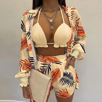 USSUMA Summer Dresses For Women 2022 Beach Women Summer Boho Tropical 3 Piece XL