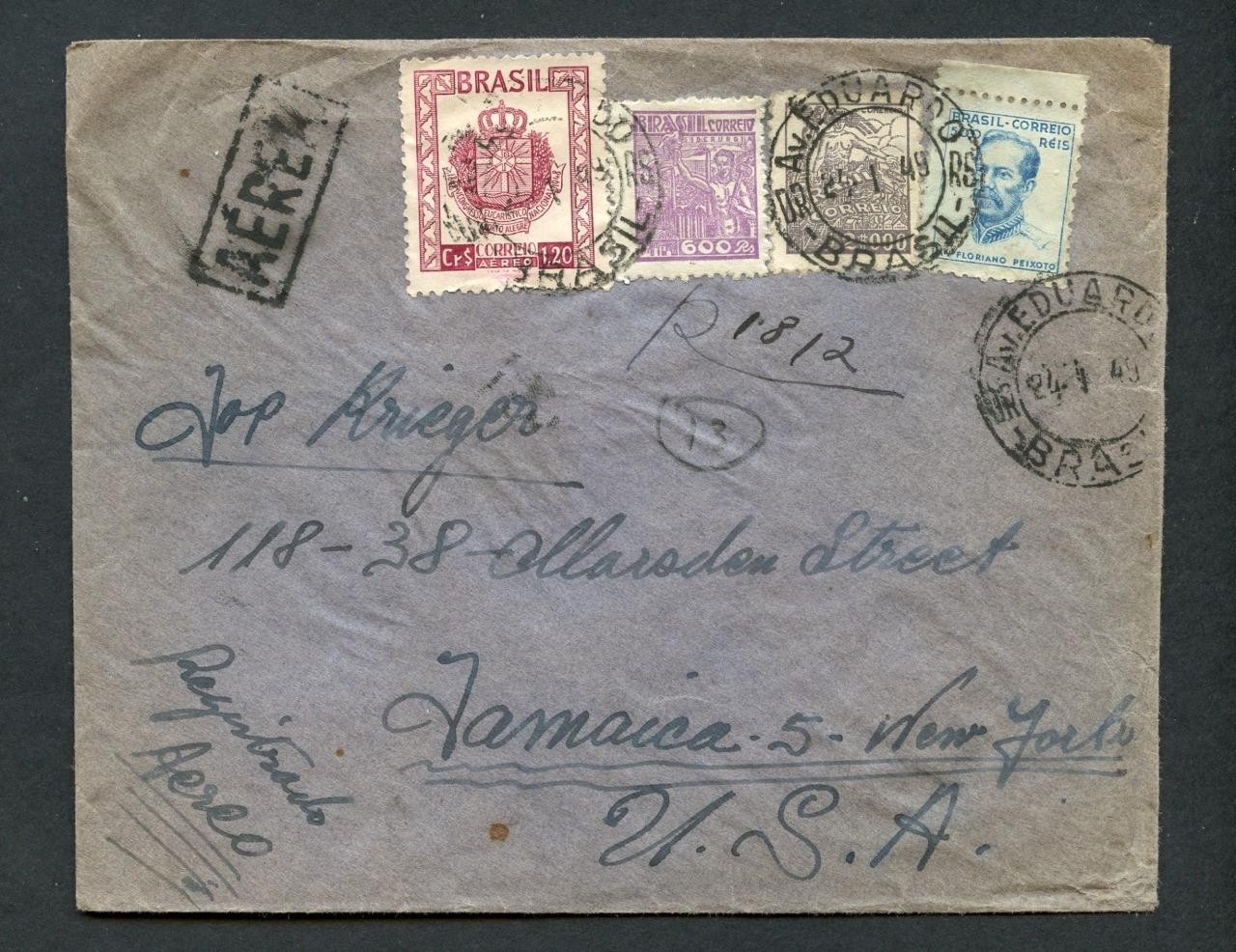 #1831- BRAZIL 1949 -REGISTERED COVER - PORTO ALEGRE TO JAMAICA (NEW YORK)