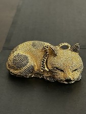 Cat Trinket Box, Sparkly Metal, CZ Collar black Stones Enamel Interior VGC