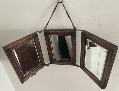 Antique English Tri Fold Vanity Travel Mirror Oak Frame Hinged M2