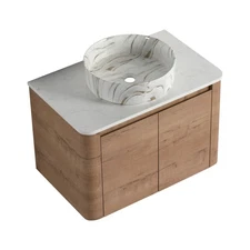 30"  Wood Wall-Mounted Bathroom Vanity Ceramic Vessel Sink White Flat Stone Slab