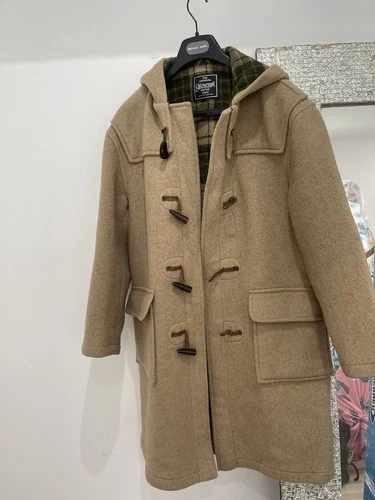 Gloverall Men's Beige Long Duffle Coat Hooded Toggle Closure Plaid Lined - product listing photo
