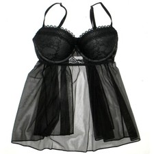 Victoria's Secret Babydoll Nightie Mesh Lace Padded Cups Adjustable Black Sz 36D