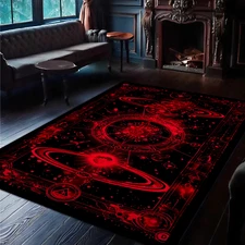 Celestial Black and Red Area Rug Featuring Planetary Map and Space Symbol Design