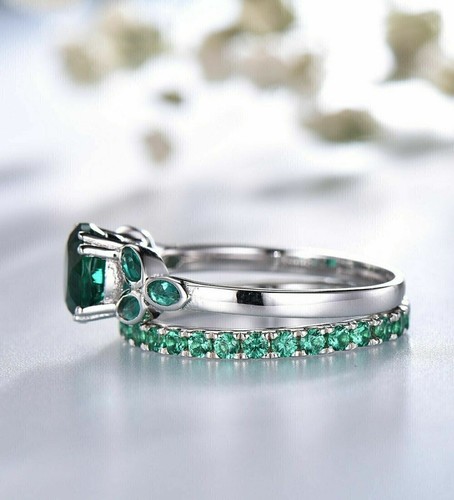 2Ct Round Cut Simulated Emerald Engagement Bridal Ring Set 14K White Gold Plated - Picture 2 of 3