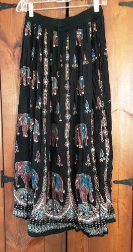 Unbranded Elastic Waist Black Maxi Skirt Sequin Elephants OS