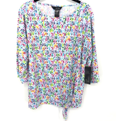 Ali Miles Top Women Small Multicolor Tie Front Colorful Artsy Mature Jersey NWT
