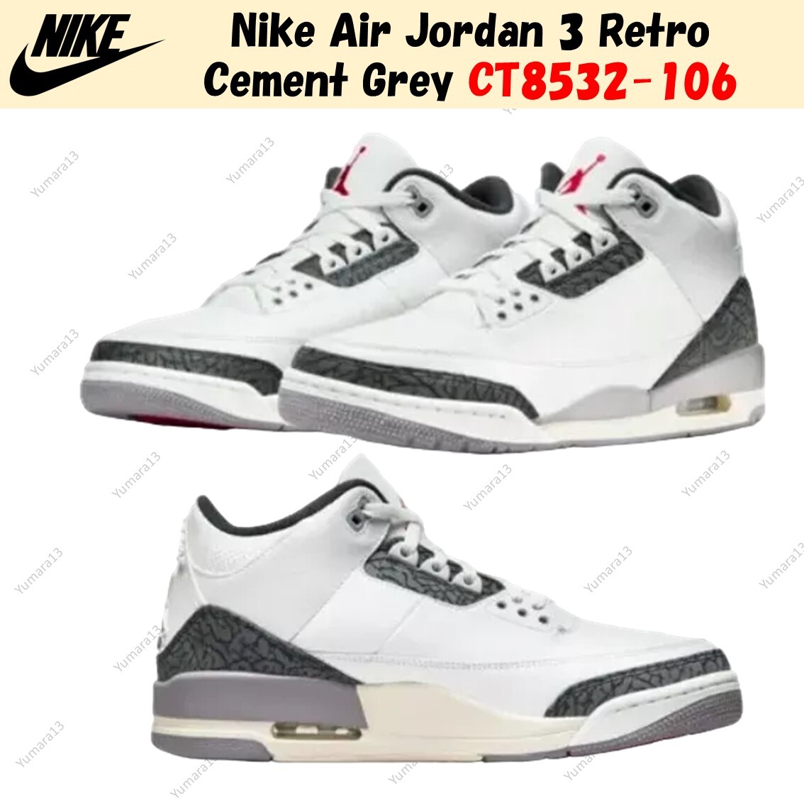 Nike Air Jordan 3 Retro Cement Grey CT8532-106 US Men's Size Nike Air Jordan 3 Retro Cement Grey CT8532-106 US Men's Size