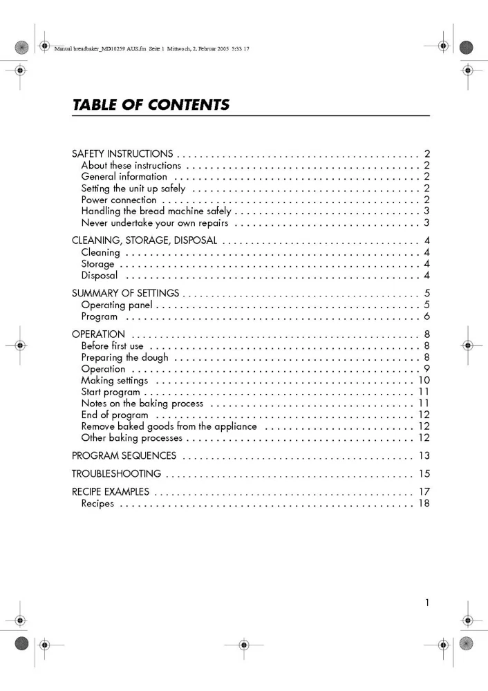 Medion BDA10259AU Bread Machine Owners Manual