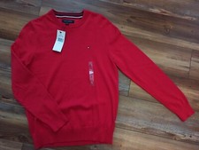 Tommy Hilfiger Men's Pull Over Sweater 100 Crew Neck Cotton Red Small New