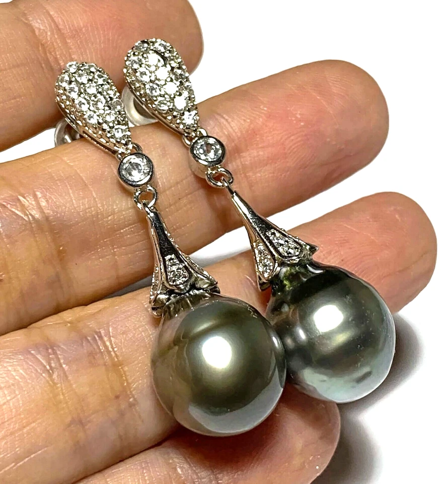 RARO 12,5 x 14 mm Ovalado Gota Pavo Real Gris Tahití Mar del Sur Perla Pendientes Colgantes Foto 2 de 4