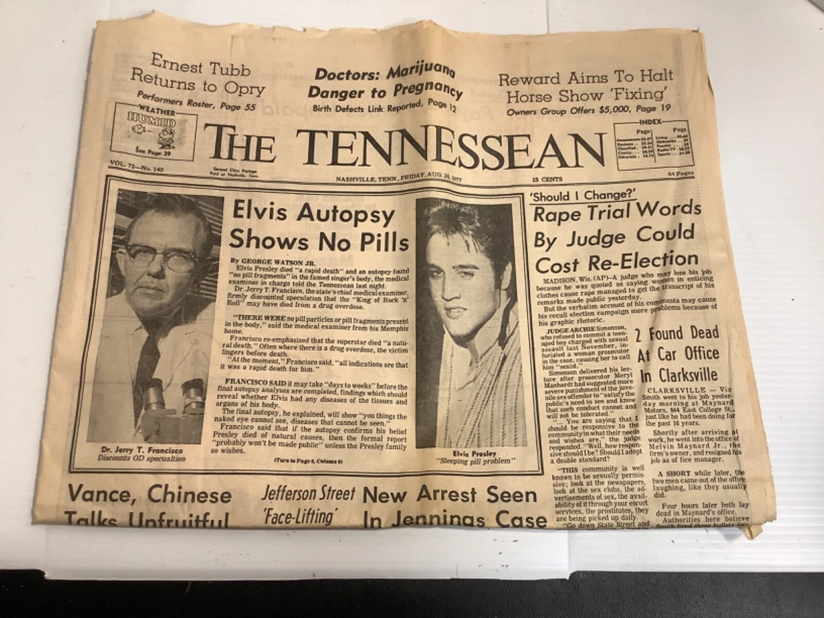 ELVIS PRESLEY Death Newspaper The Tennessean August 261977 Original Vintage  | eBay